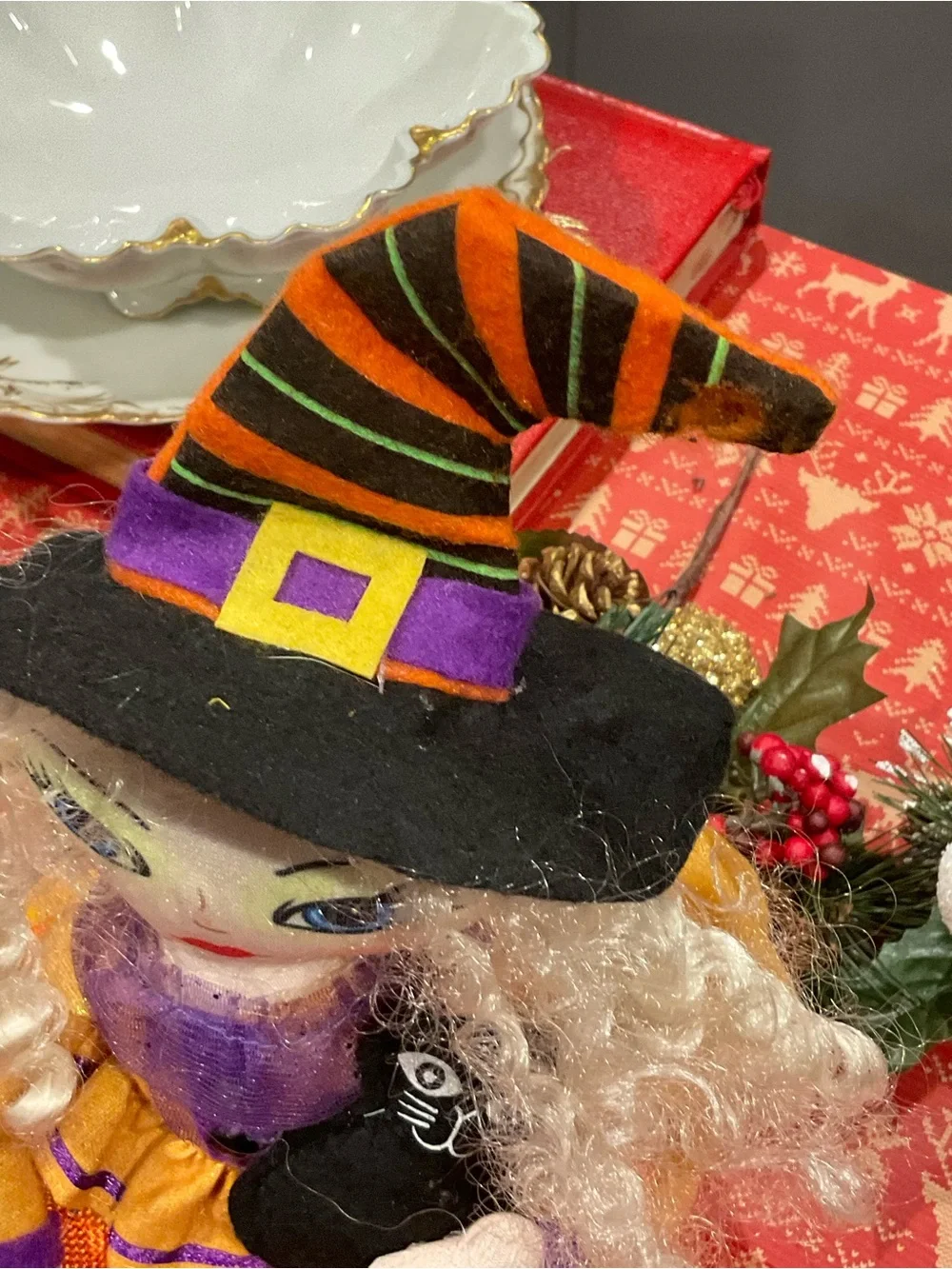 BP-Shelf-Sitting Witch Doll in Orange and Purple - Decorative Plush Figure